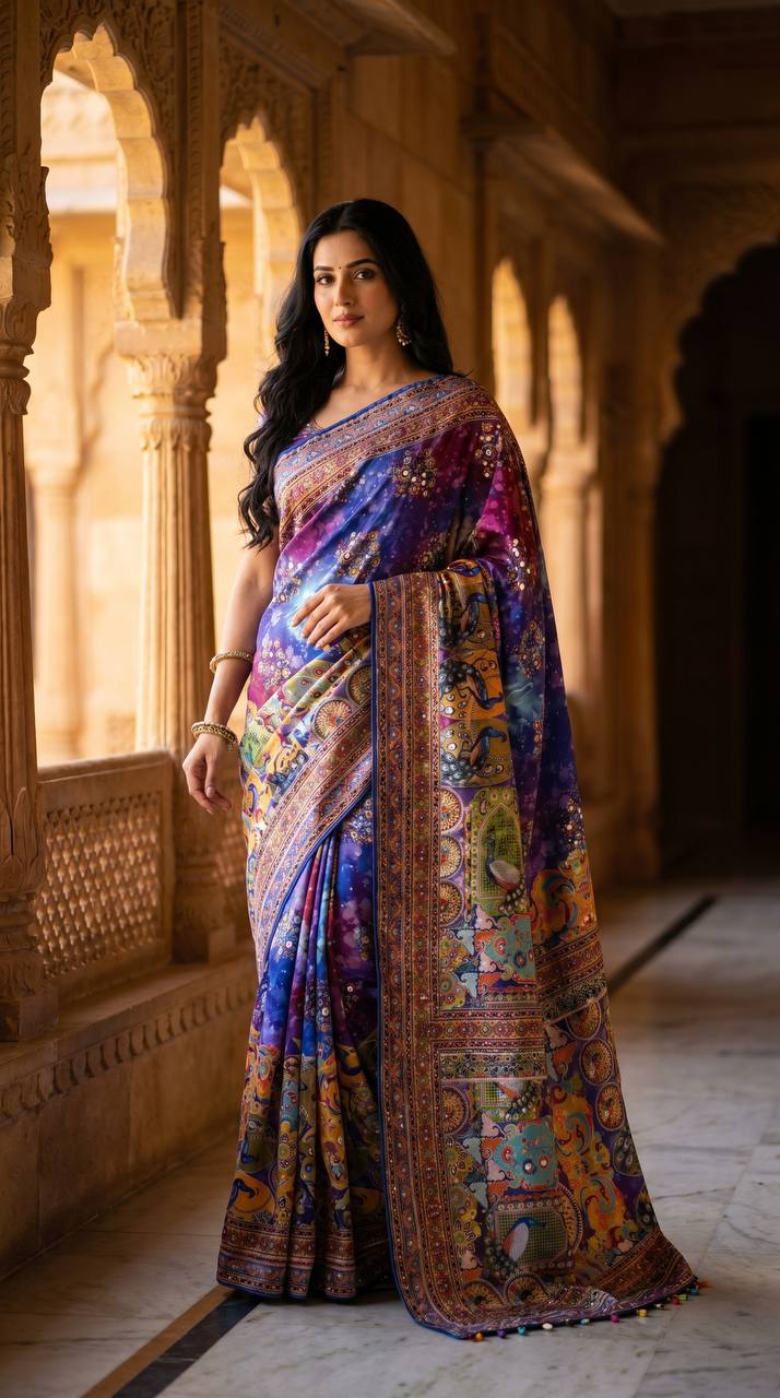 Royal Blue Roman Silk Saree with Artistic Print Detailing & Real Mirror Work Blouse