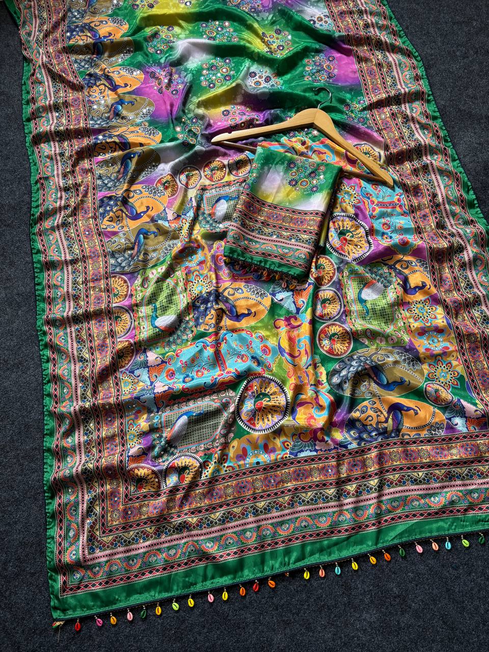 Green Roman Silk Saree with Intricate Print Detailing & Real Mirror Work Blouse