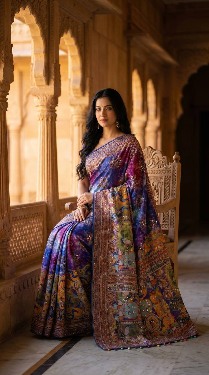 Royal Blue Roman Silk Saree with Artistic Print Detailing & Real Mirror Work Blouse