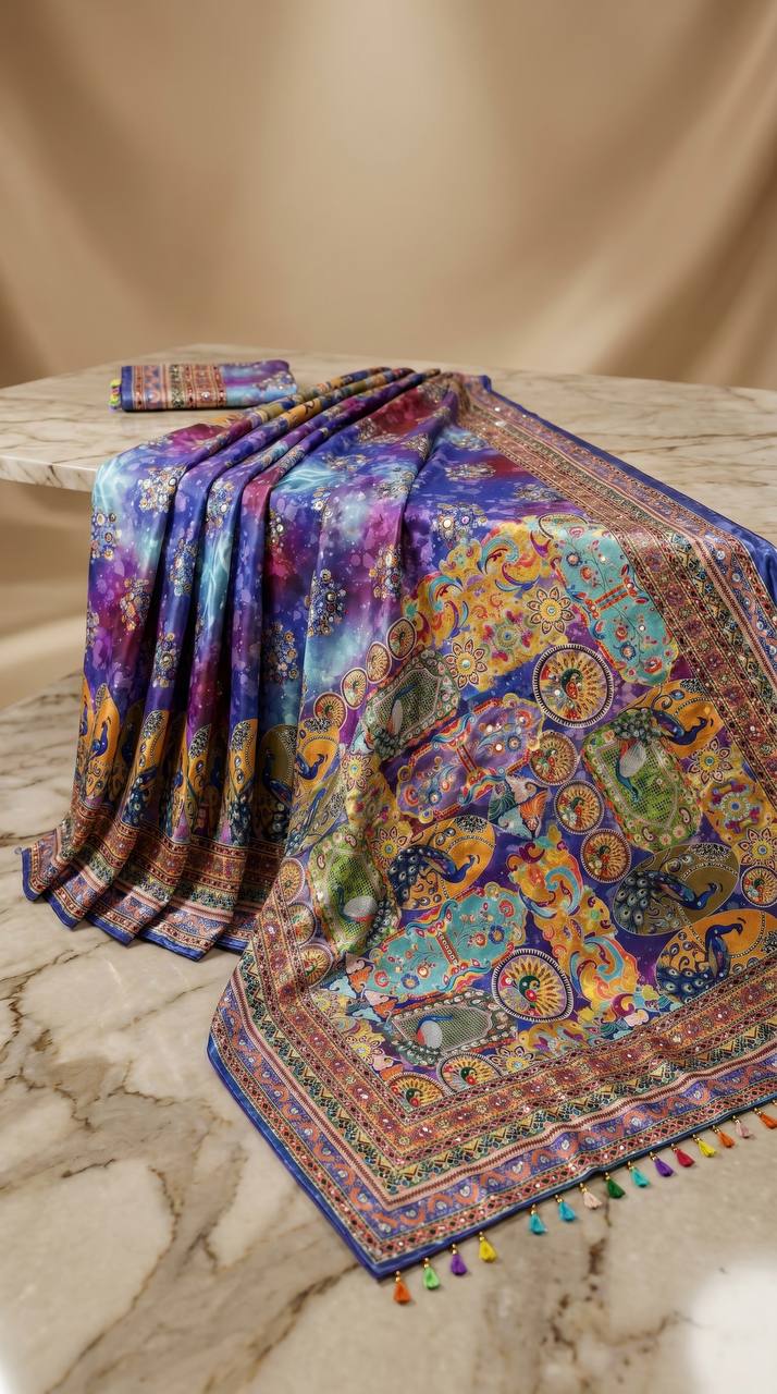 Royal Blue Roman Silk Saree with Artistic Print Detailing & Real Mirror Work Blouse