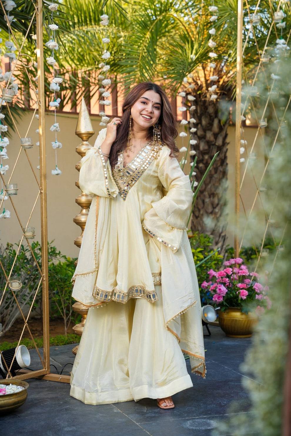 Off White Mirror Work Sharara Set