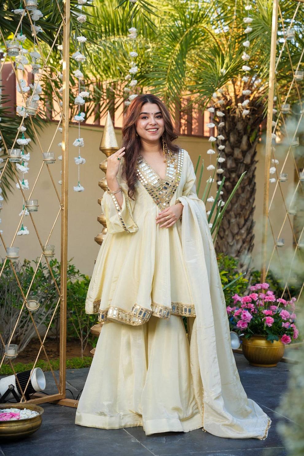 Off White Mirror Work Sharara Set
