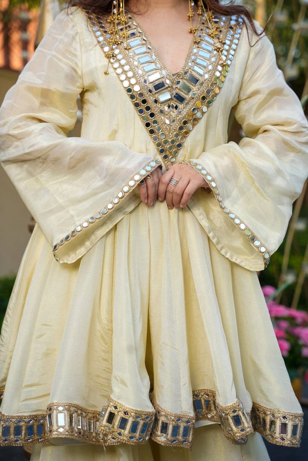 Off White Mirror Work Sharara Set