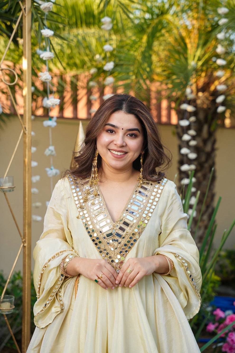 Off White Mirror Work Sharara Set