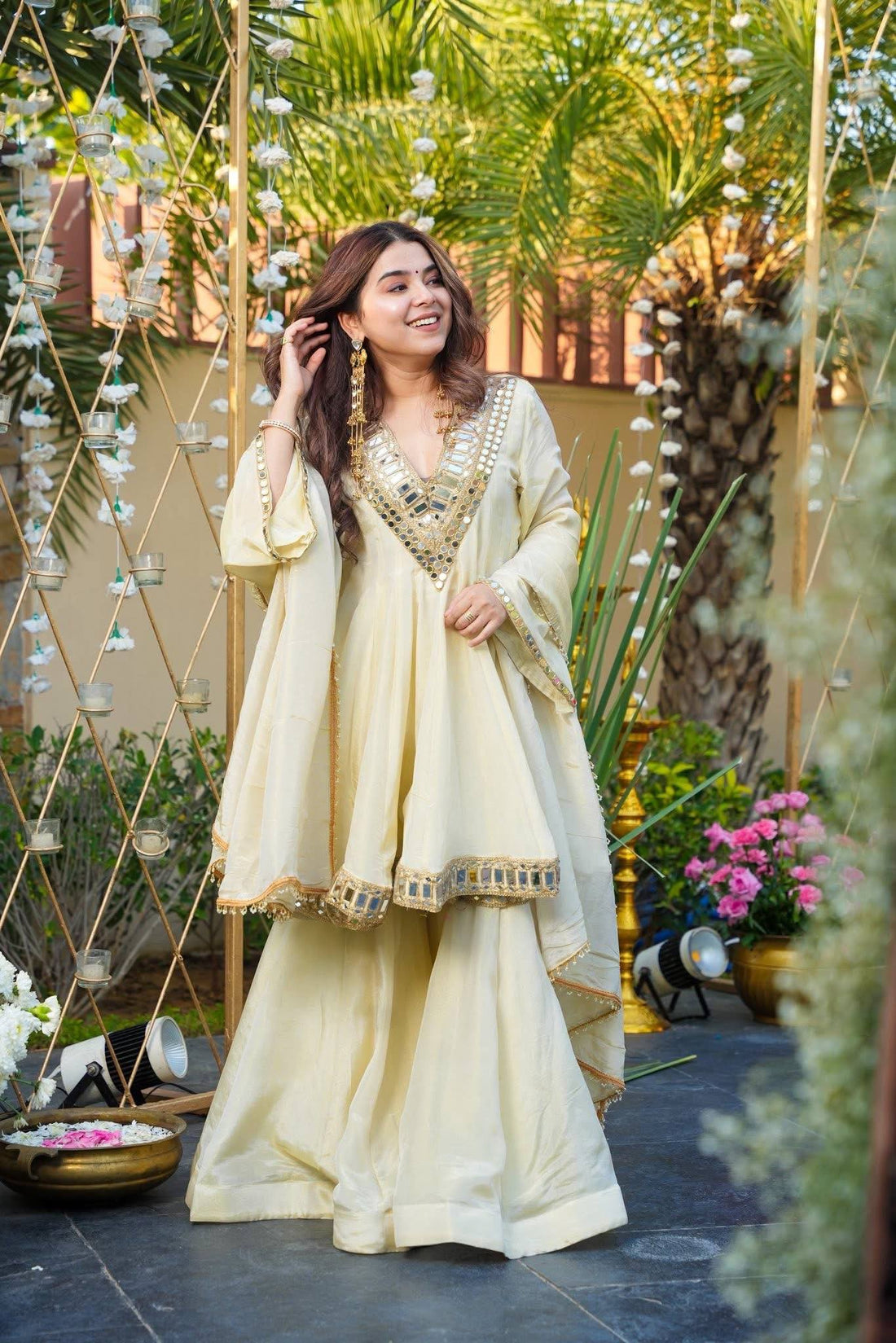 Off White Mirror Work Sharara Set
