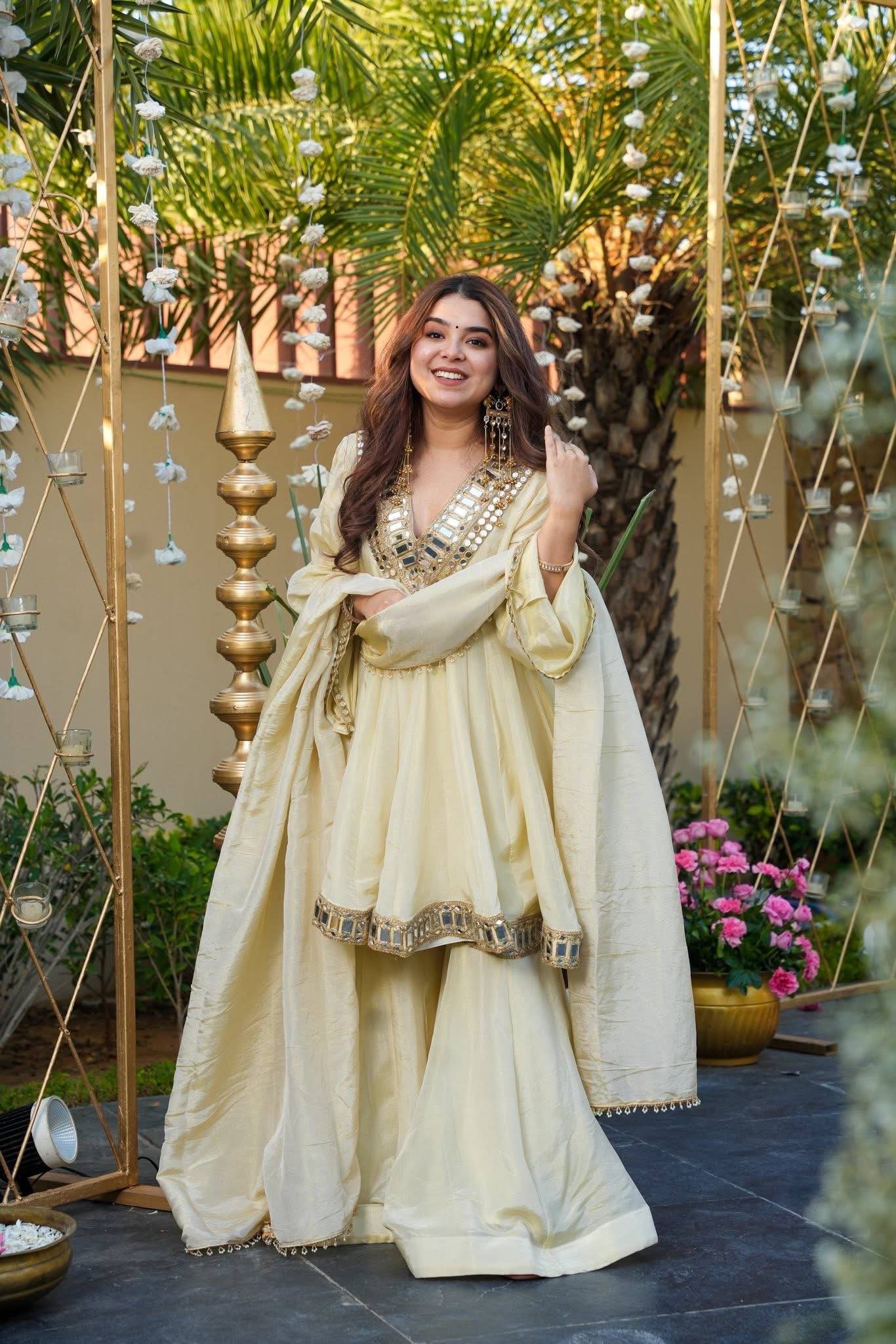 Off White Mirror Work Sharara Set