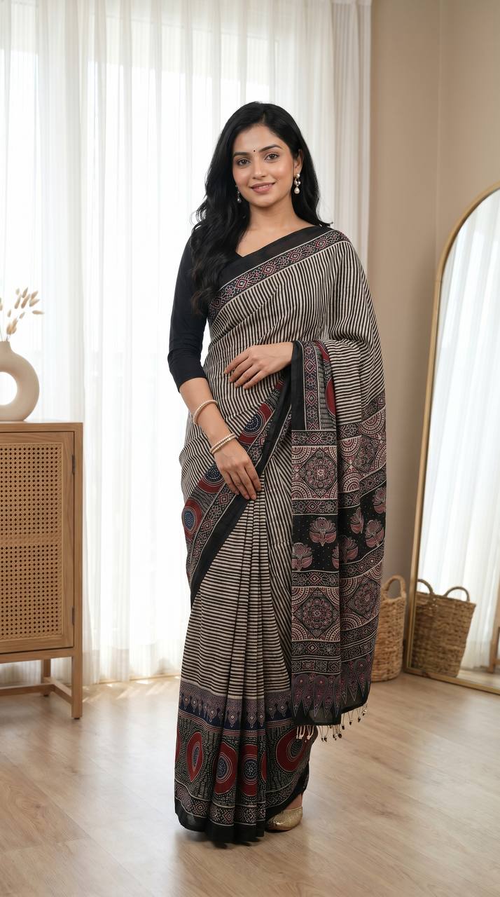 Olive Printed Saree With A Black Border