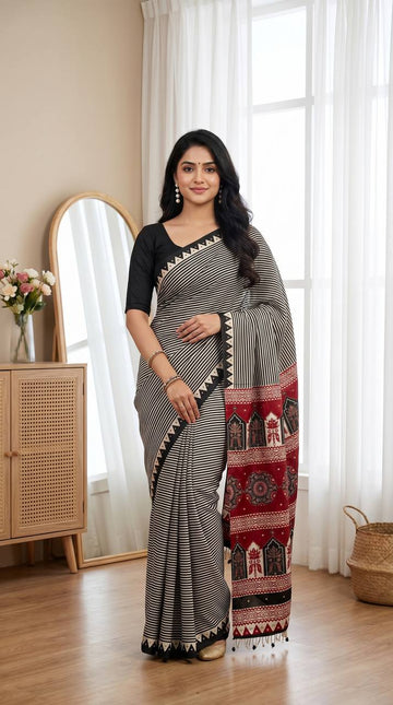 Black And Beige Striped Saree