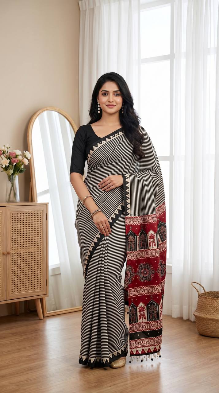 Black And Beige Striped Saree