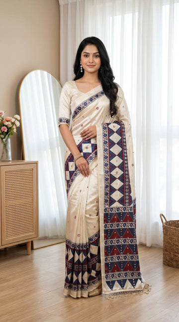 SARTIN FABRIC AJARAKH PRINT SAREE