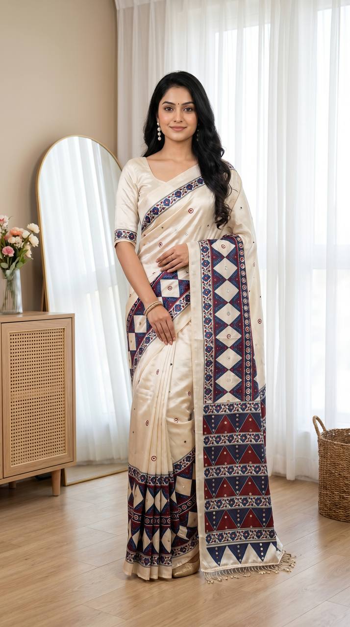 SARTIN FABRIC AJARAKH PRINT SAREE
