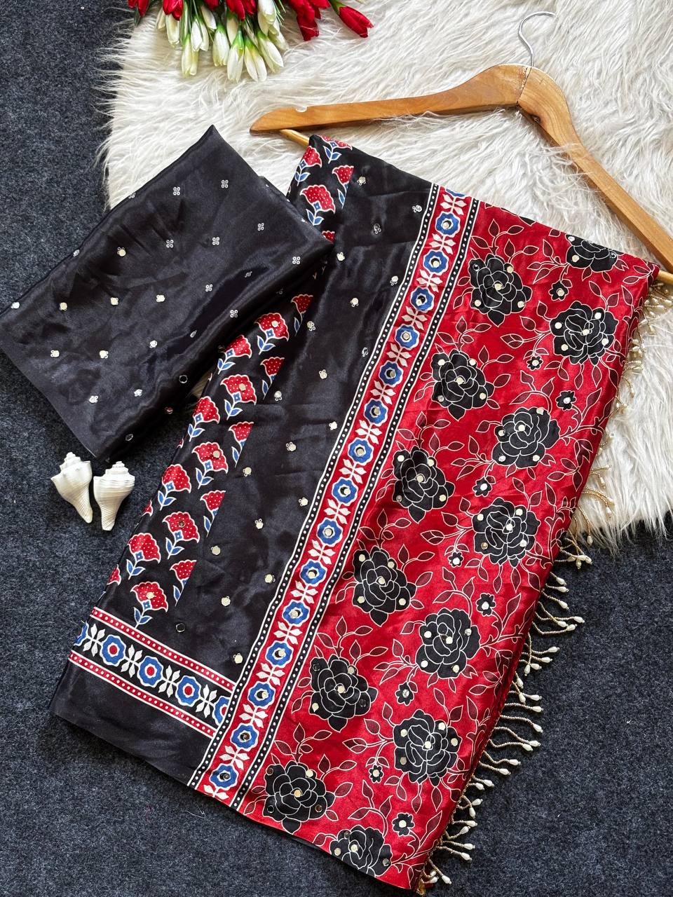Multicolor Satin Print Saree