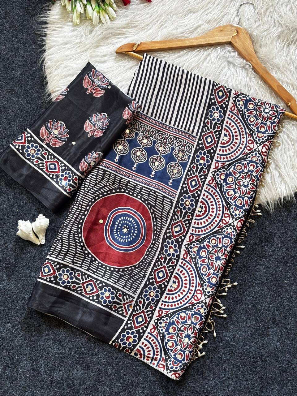 Olive Printed Saree With A Black Border