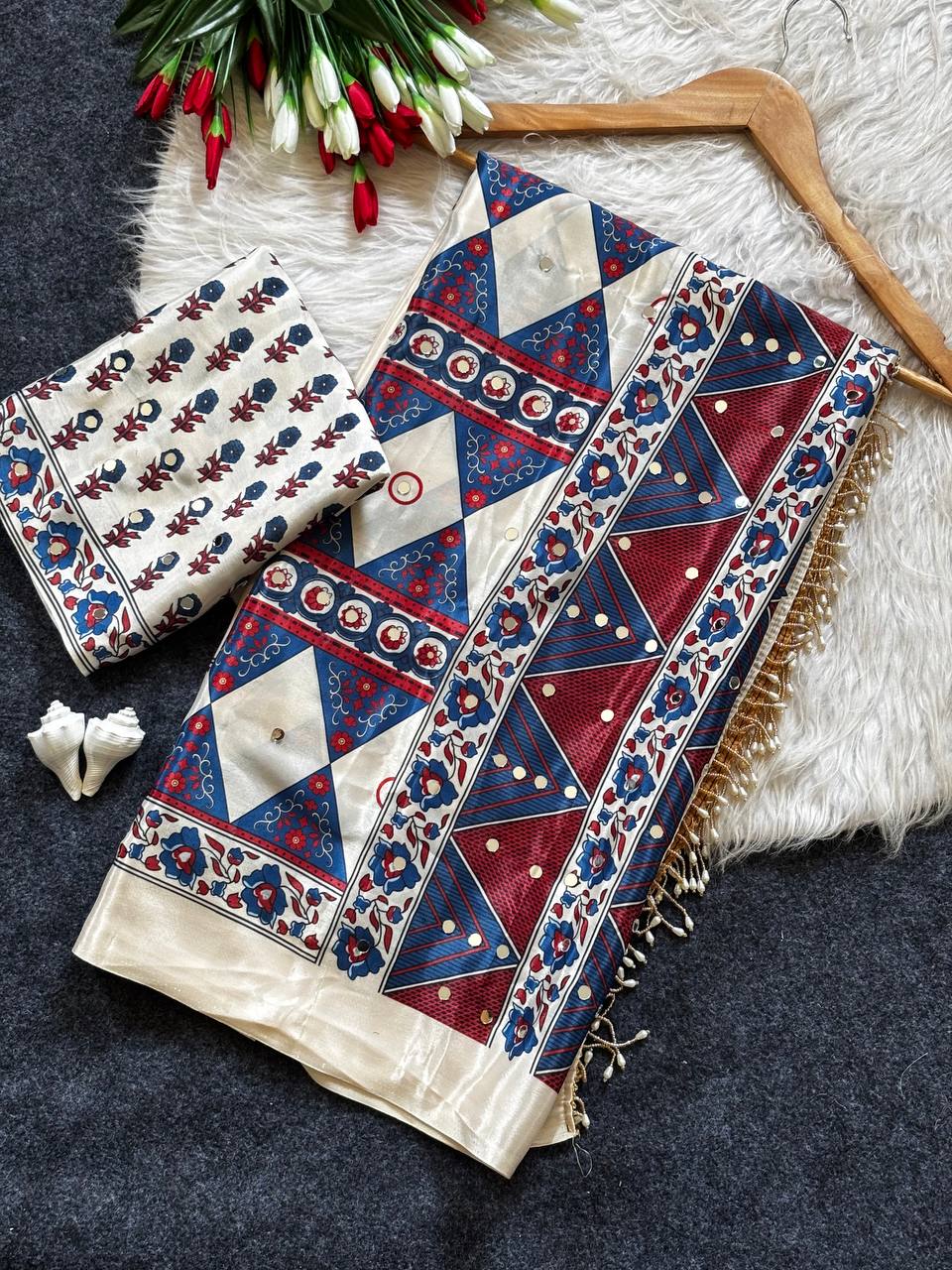 SARTIN FABRIC AJARAKH PRINT SAREE