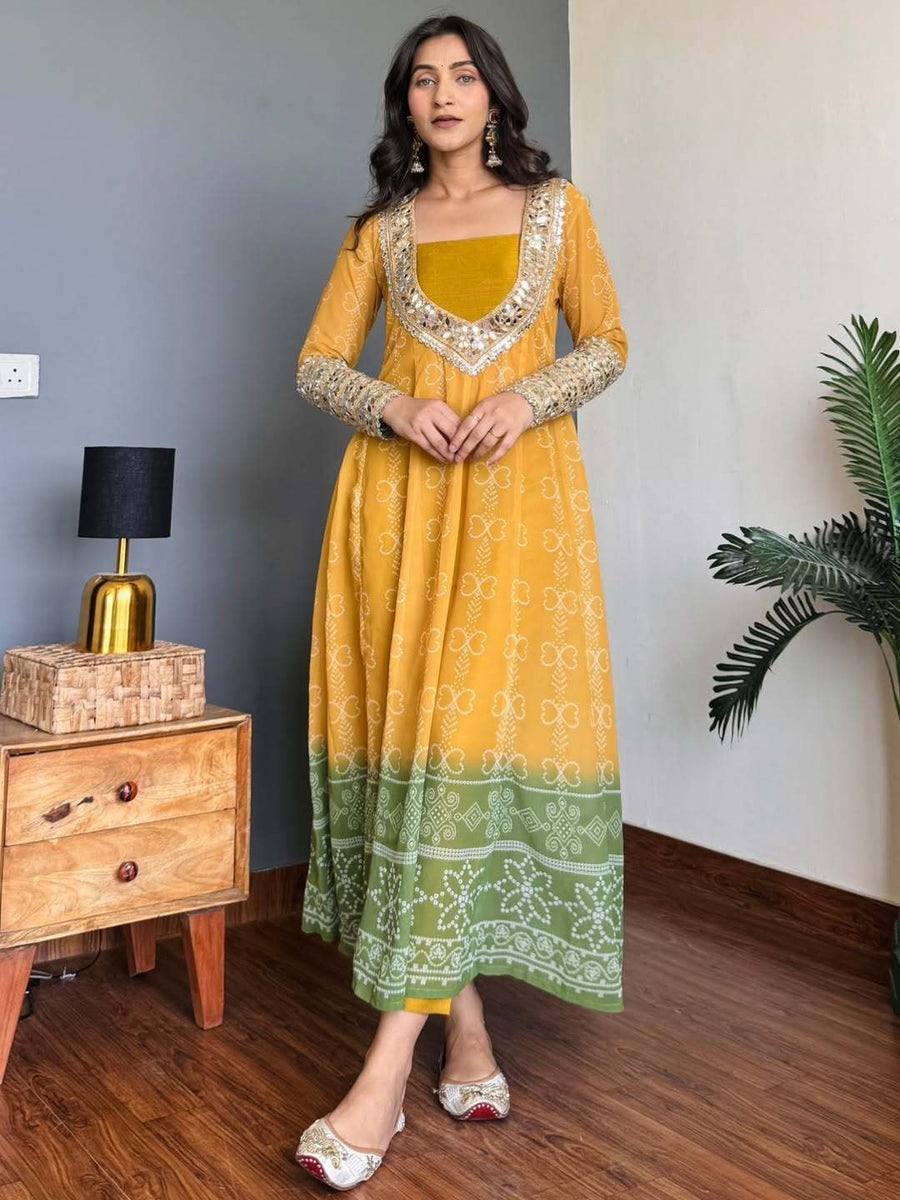 Mustard Yellow & Green Faux Georgette Kurti Set