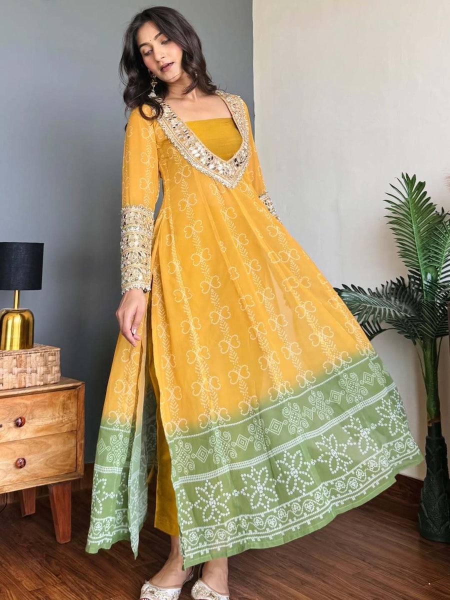Mustard Yellow & Green Faux Georgette Kurti Set