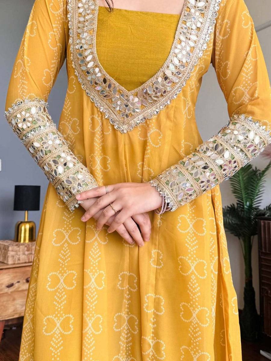 Mustard Yellow & Green Faux Georgette Kurti Set