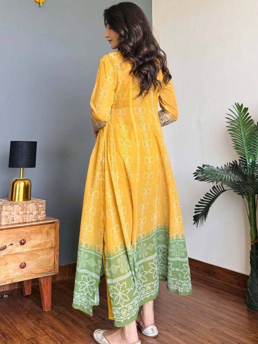 Mustard Yellow & Green Faux Georgette Kurti Set
