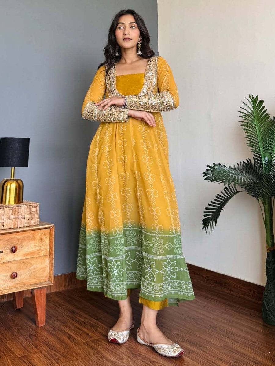 Mustard Yellow & Green Faux Georgette Kurti Set