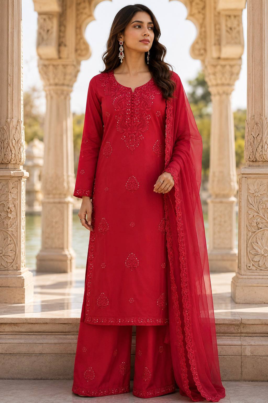 Red Georgette Embroidered Kurta Set