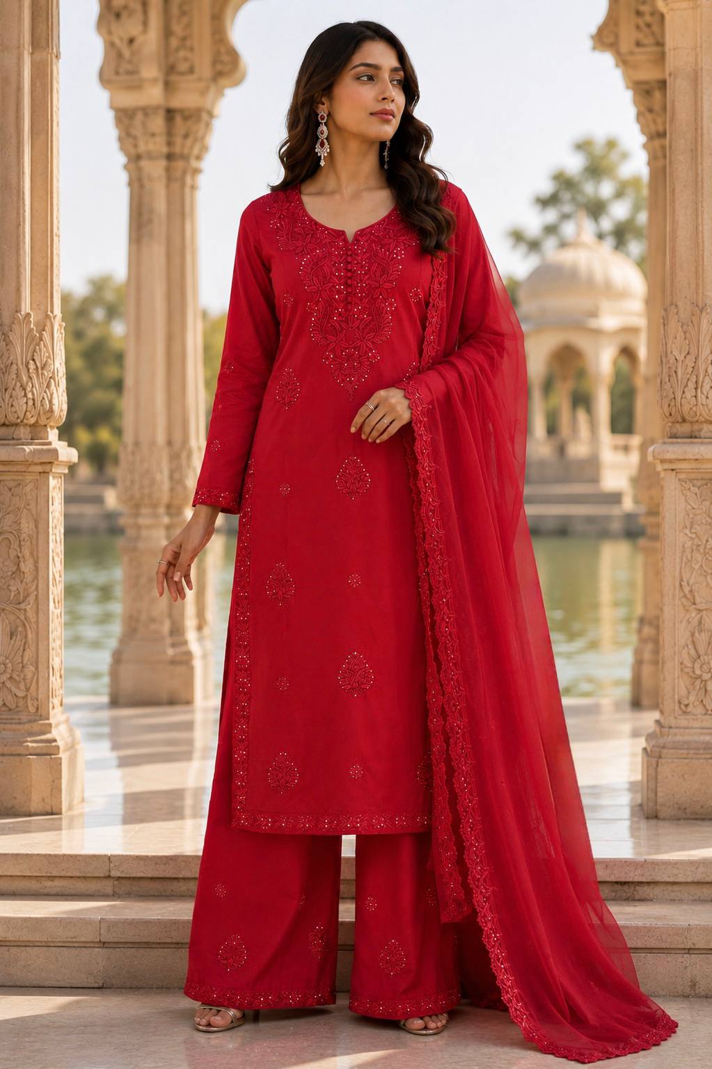 Red Georgette Embroidered Kurta Set