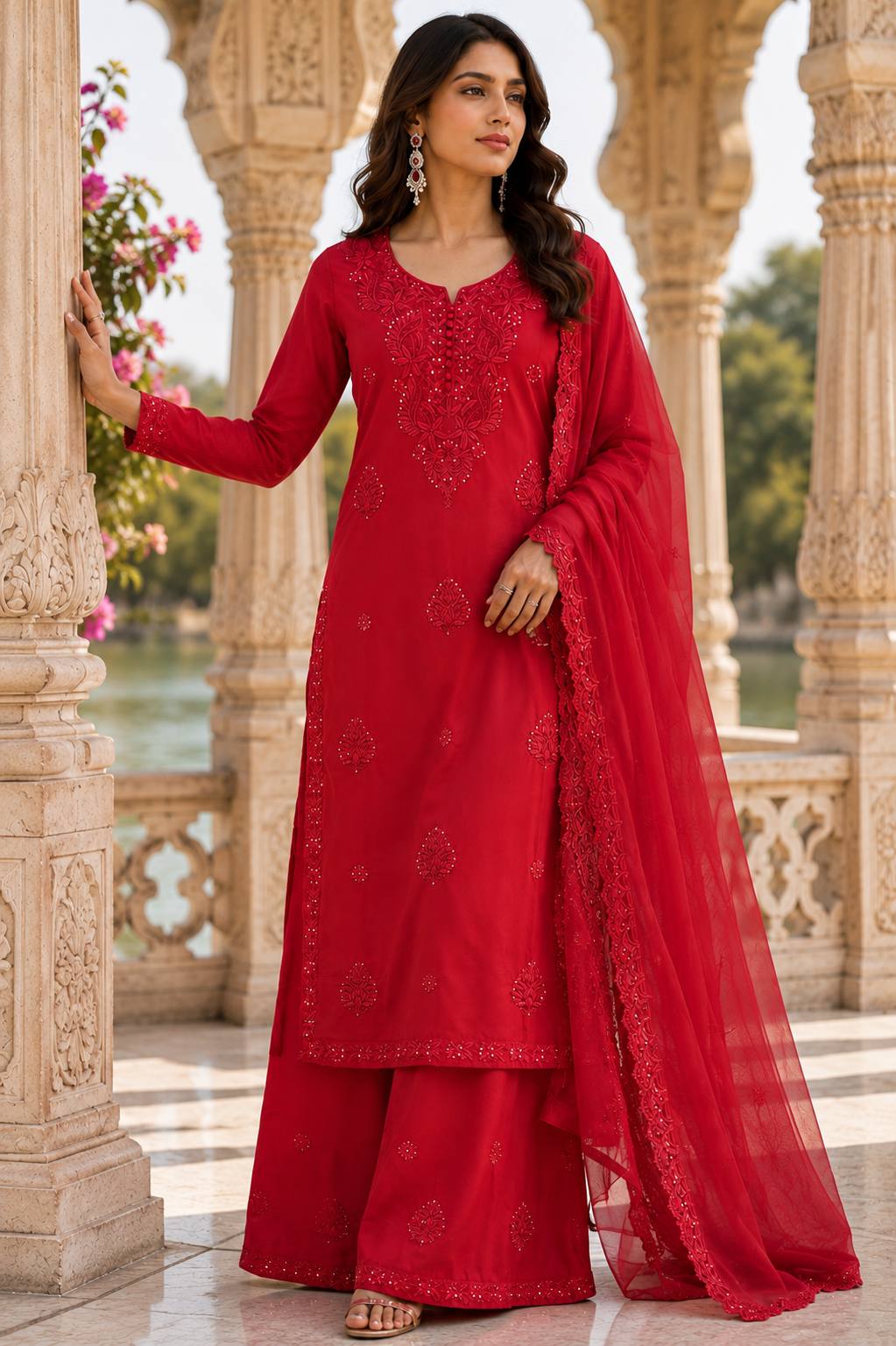 Red Georgette Embroidered Kurta Set