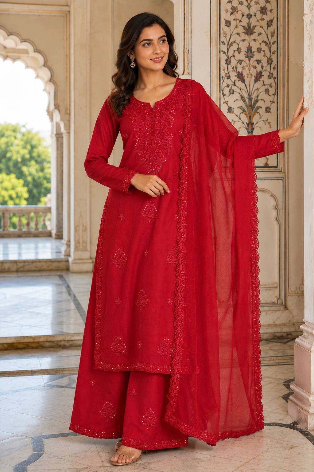 Red Georgette Embroidered Kurta Set