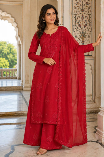 Red Georgette Embroidered Kurta Set