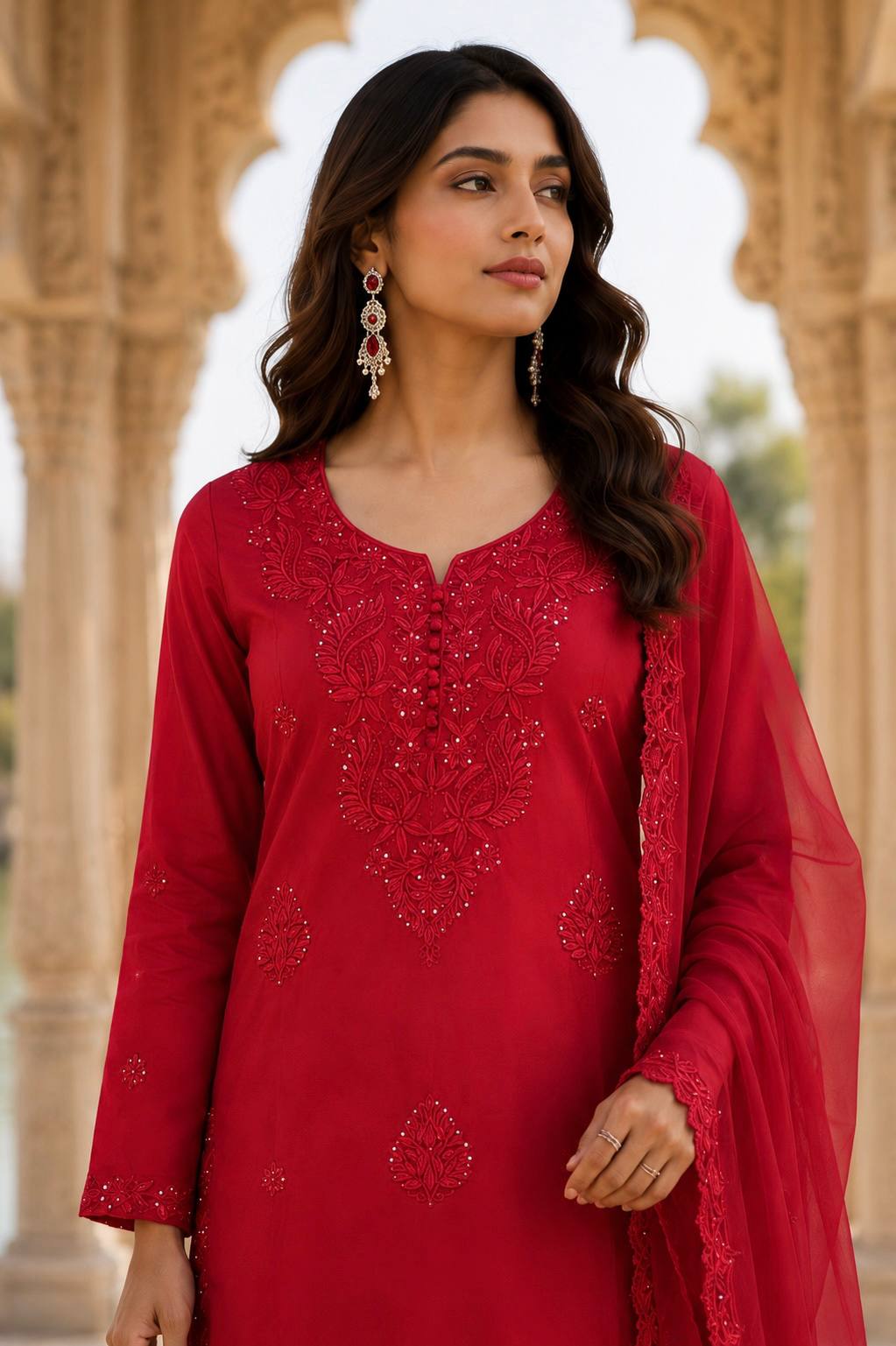 Red Georgette Embroidered Kurta Set