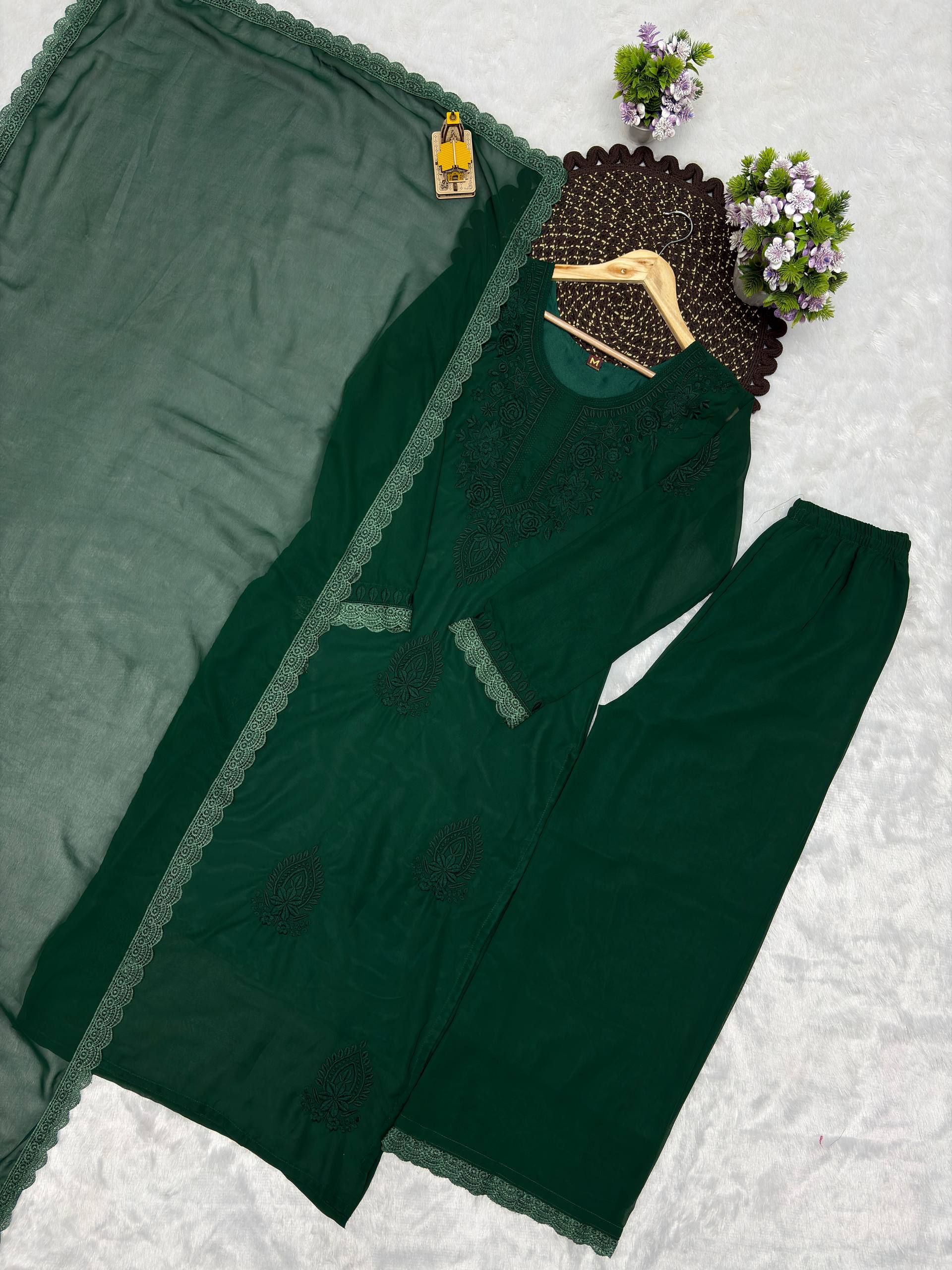Deep Green Faux Georgette Kurta Set