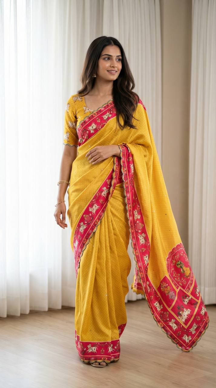 Mustard Yellow Chinon Saree