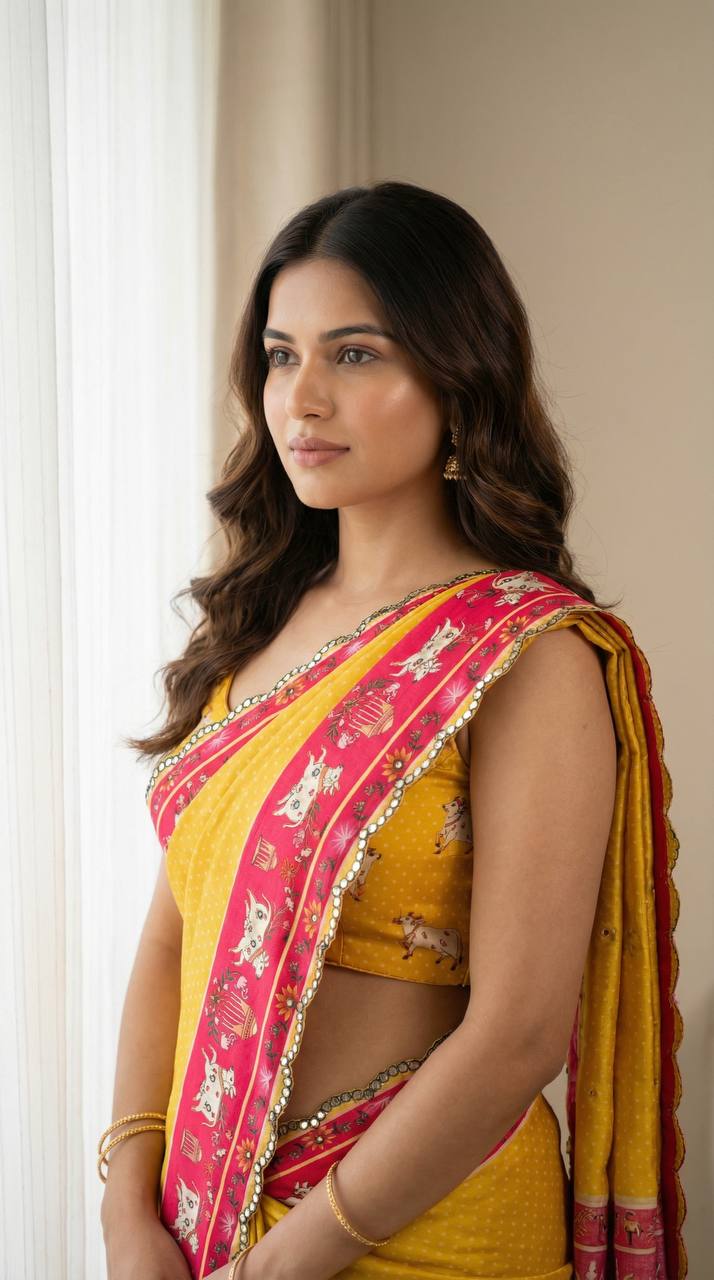 Mustard Yellow Chinon Saree
