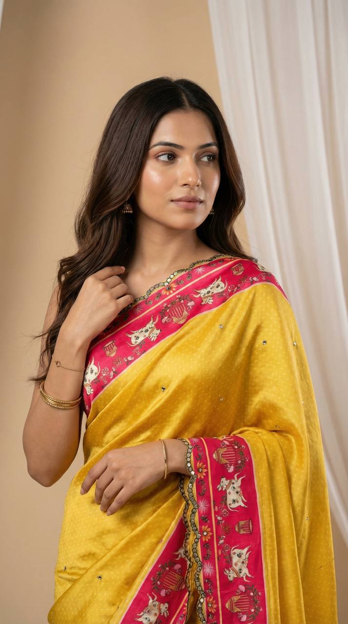 Mustard Yellow Chinon Saree