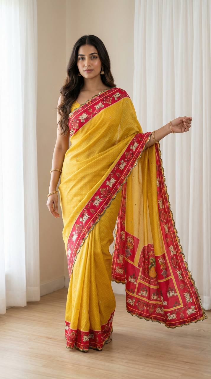 Mustard Yellow Chinon Saree