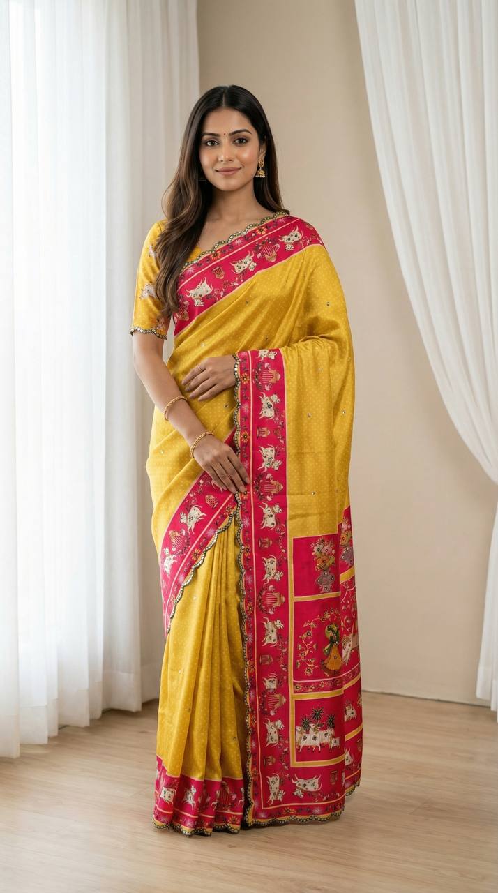 Mustard Yellow Chinon Saree