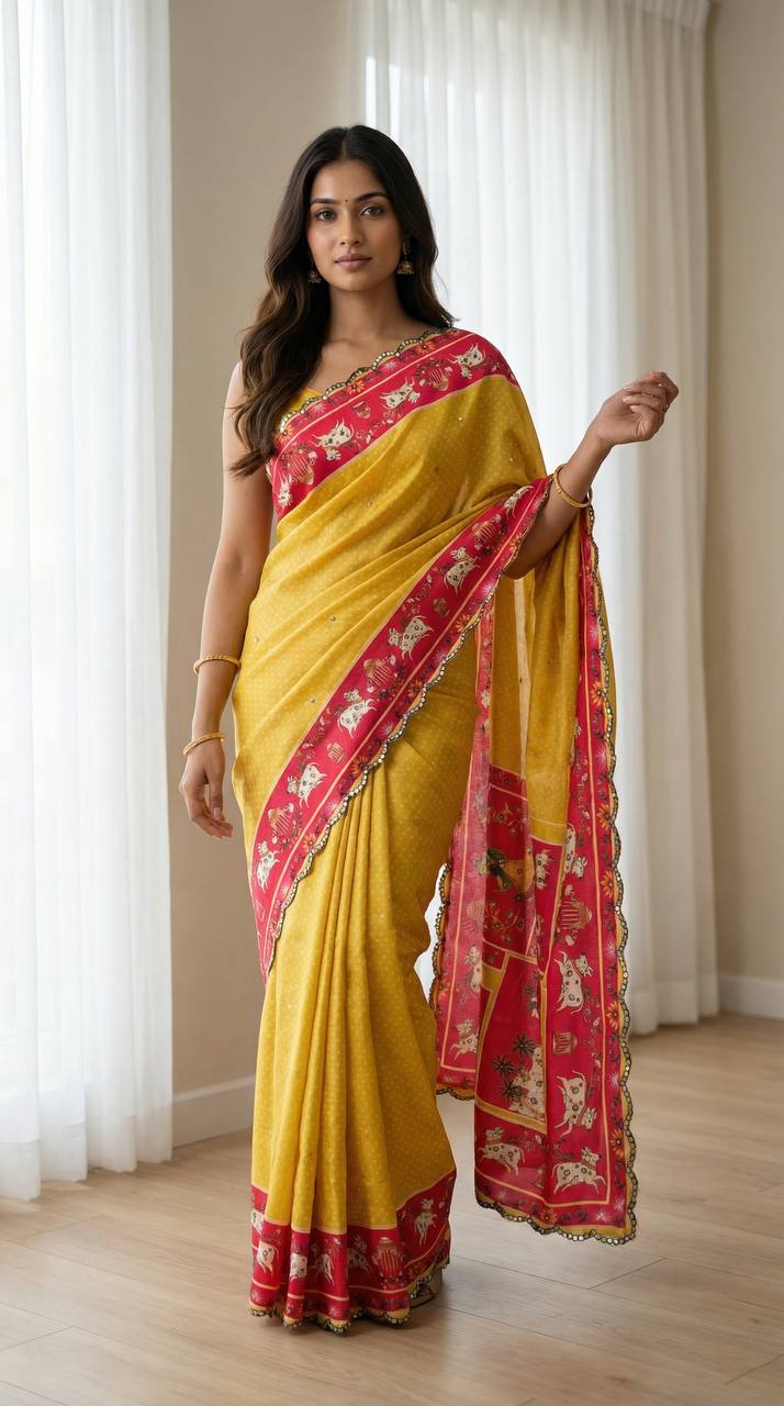 Mustard Yellow Chinon Saree
