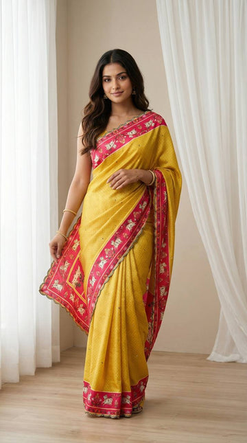 Mustard Yellow Chinon Saree