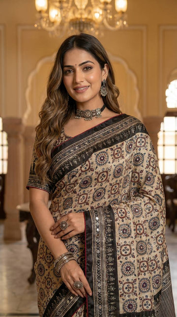 Ajrak Print Mirror Saree