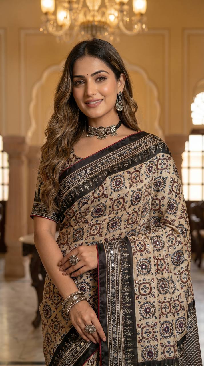 Ajrak Print Mirror Saree