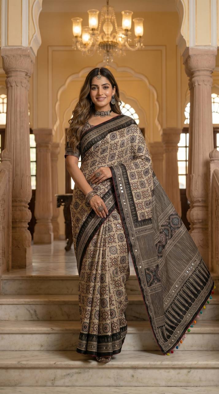 Ajrak Print Mirror Saree