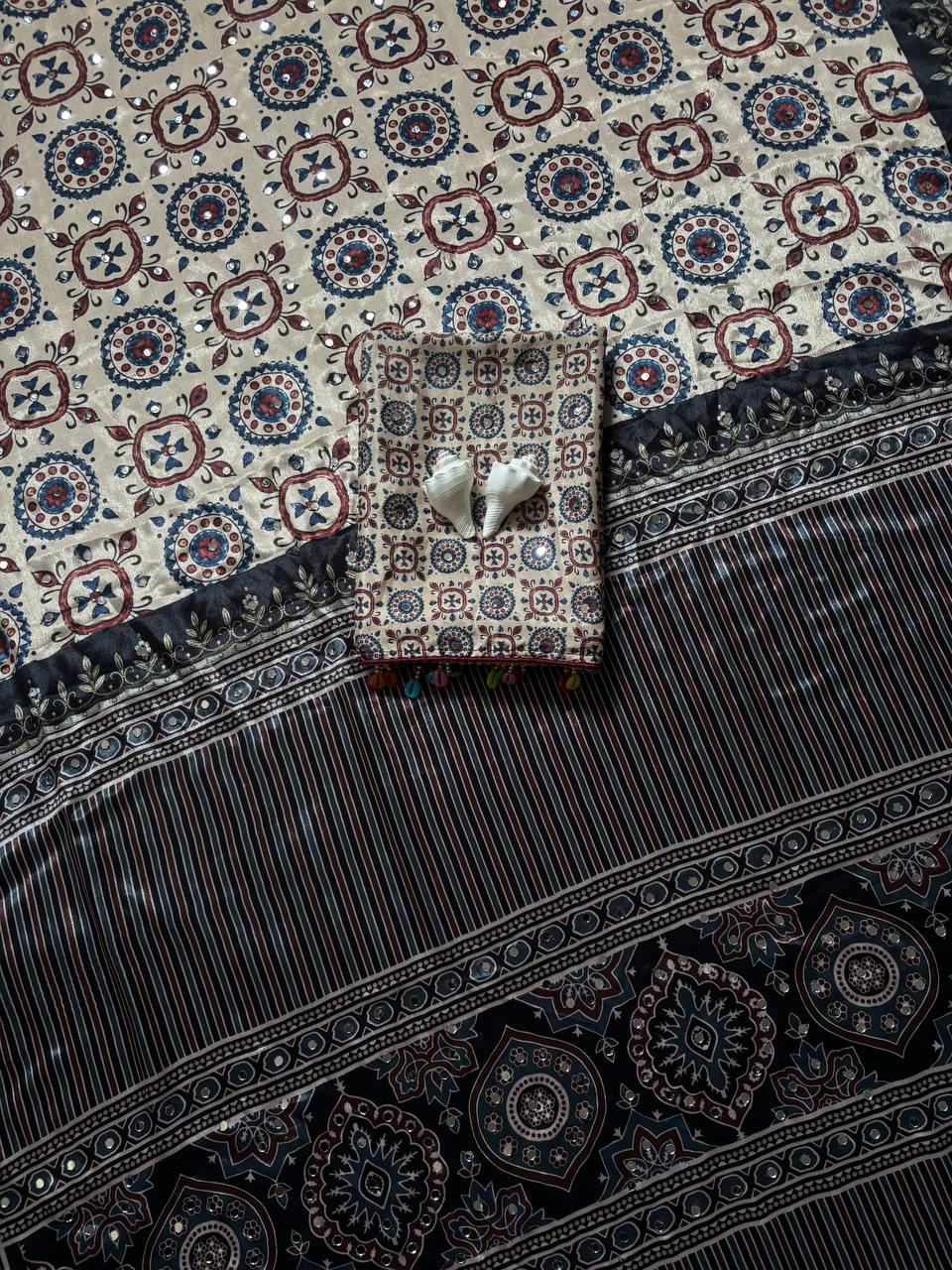 Ajrak Print Mirror Saree