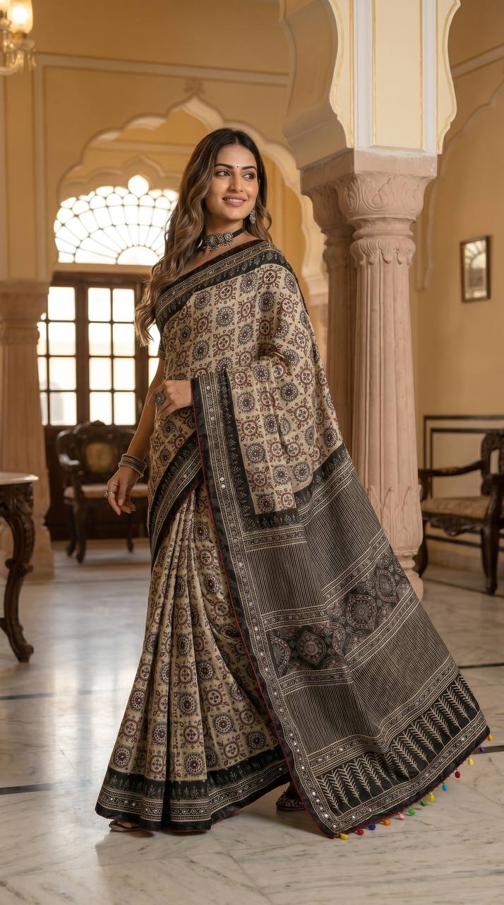 Ajrak Print Mirror Saree