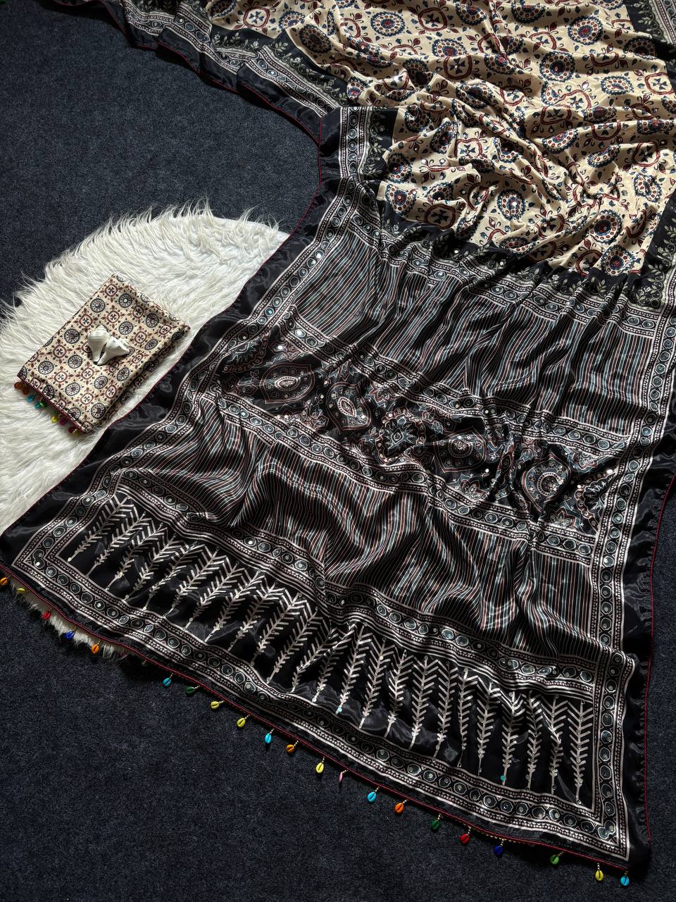 Ajrak Print Mirror Saree