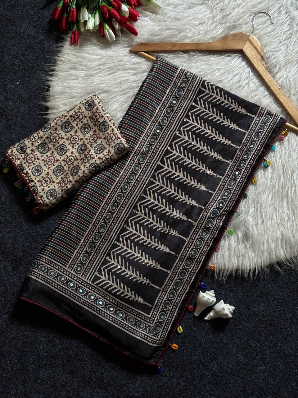 Ajrak Print Mirror Saree