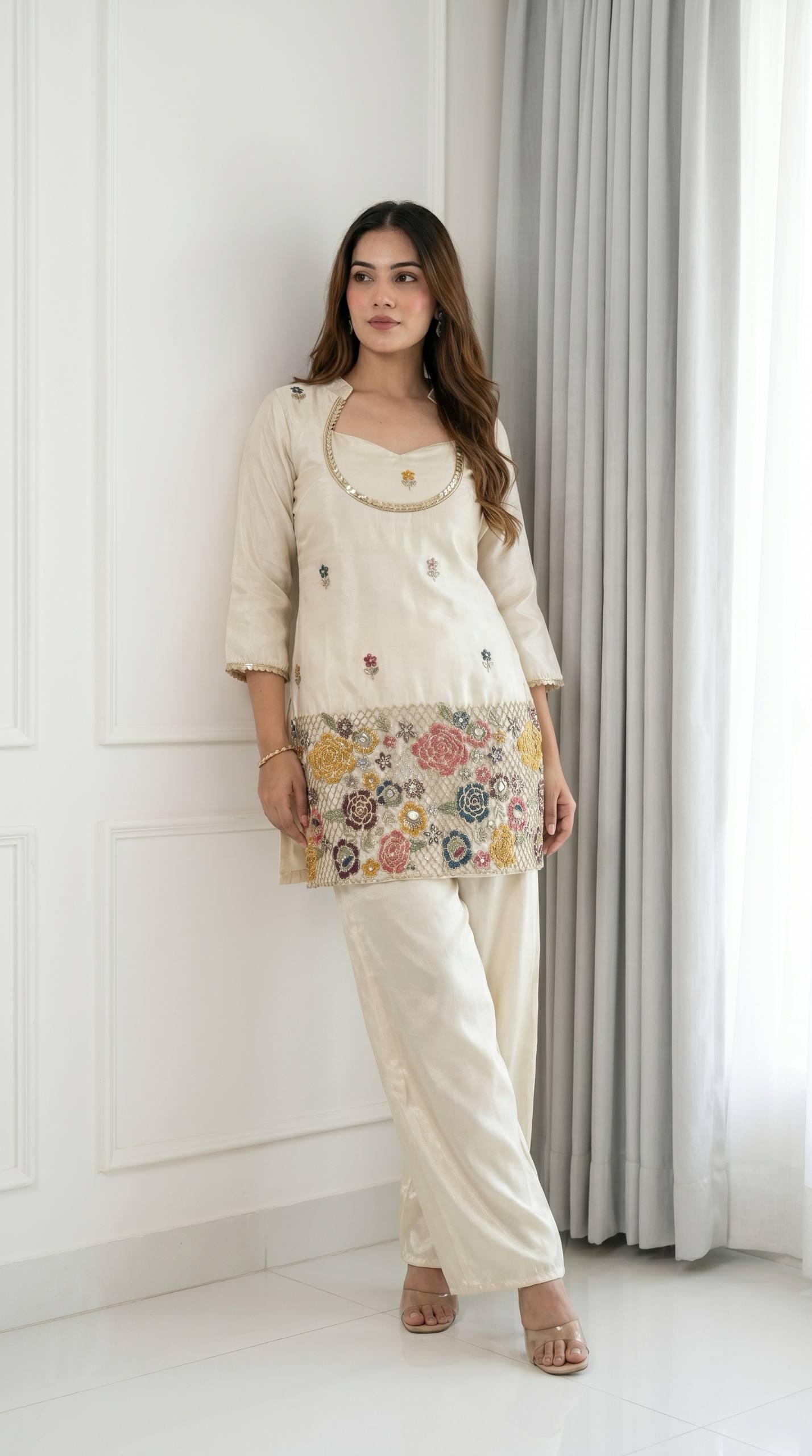 Ivory Cream Embroidered Kurta Set