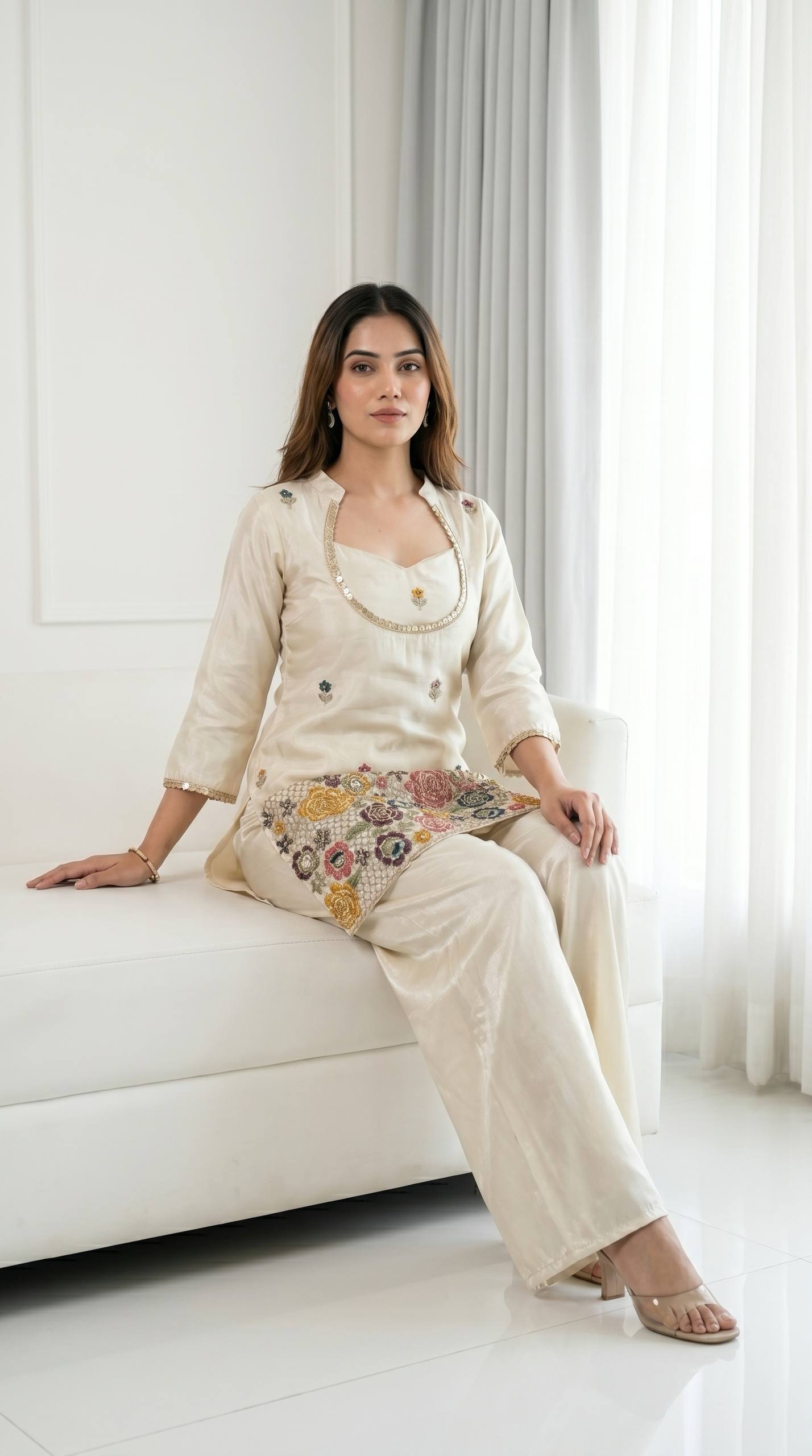 Ivory Cream Embroidered Kurta Set