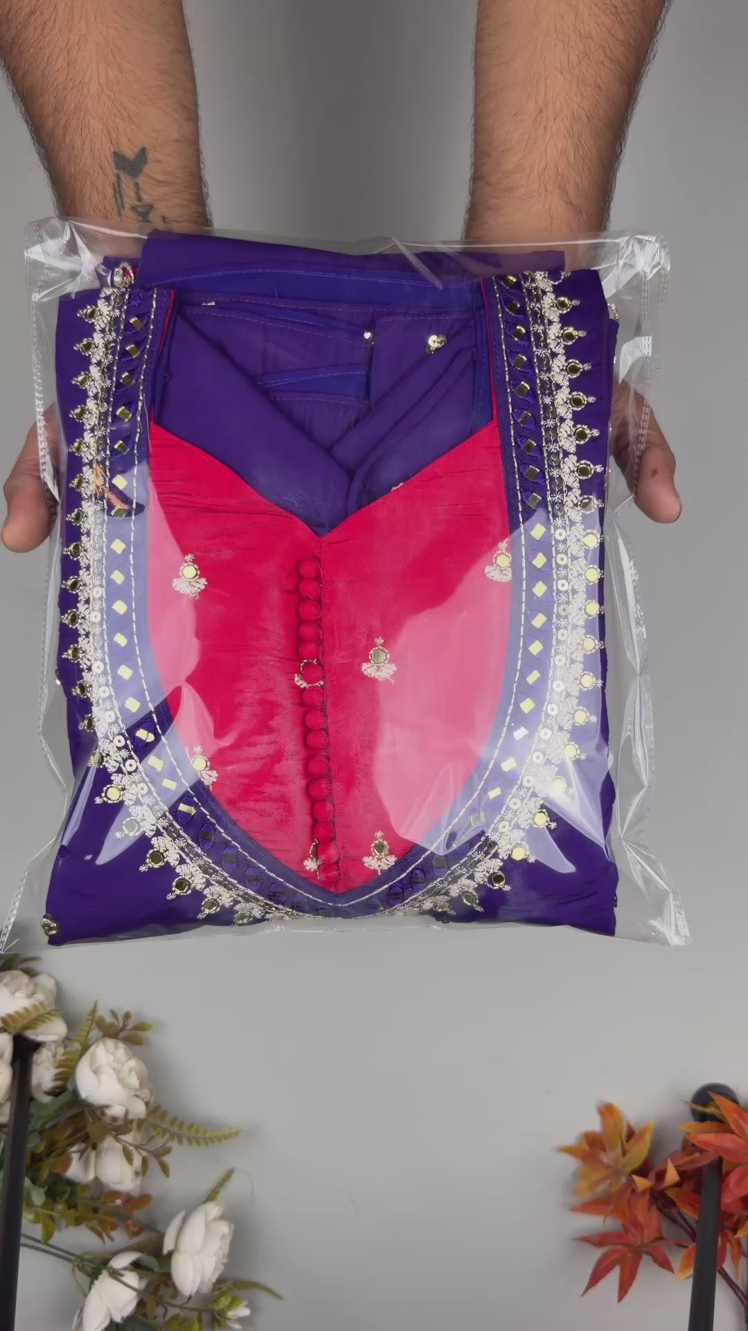 Purple Roman Silk mirror work Anarkali suit