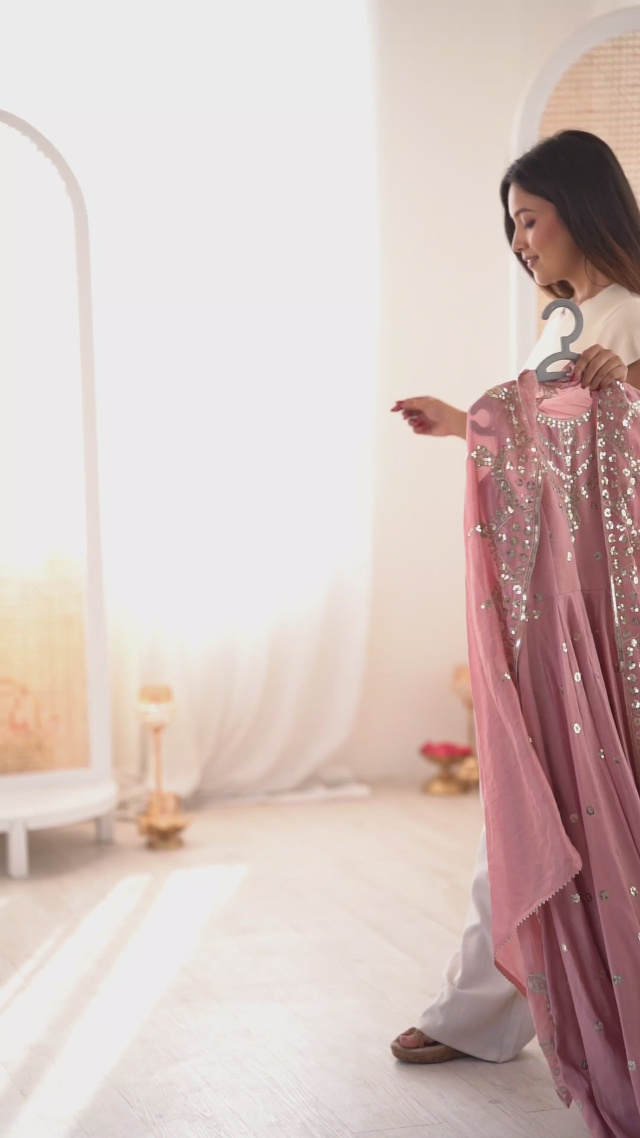Silk Anarkali Gown Set Featuring Intricate Mirror-Work Embroidery