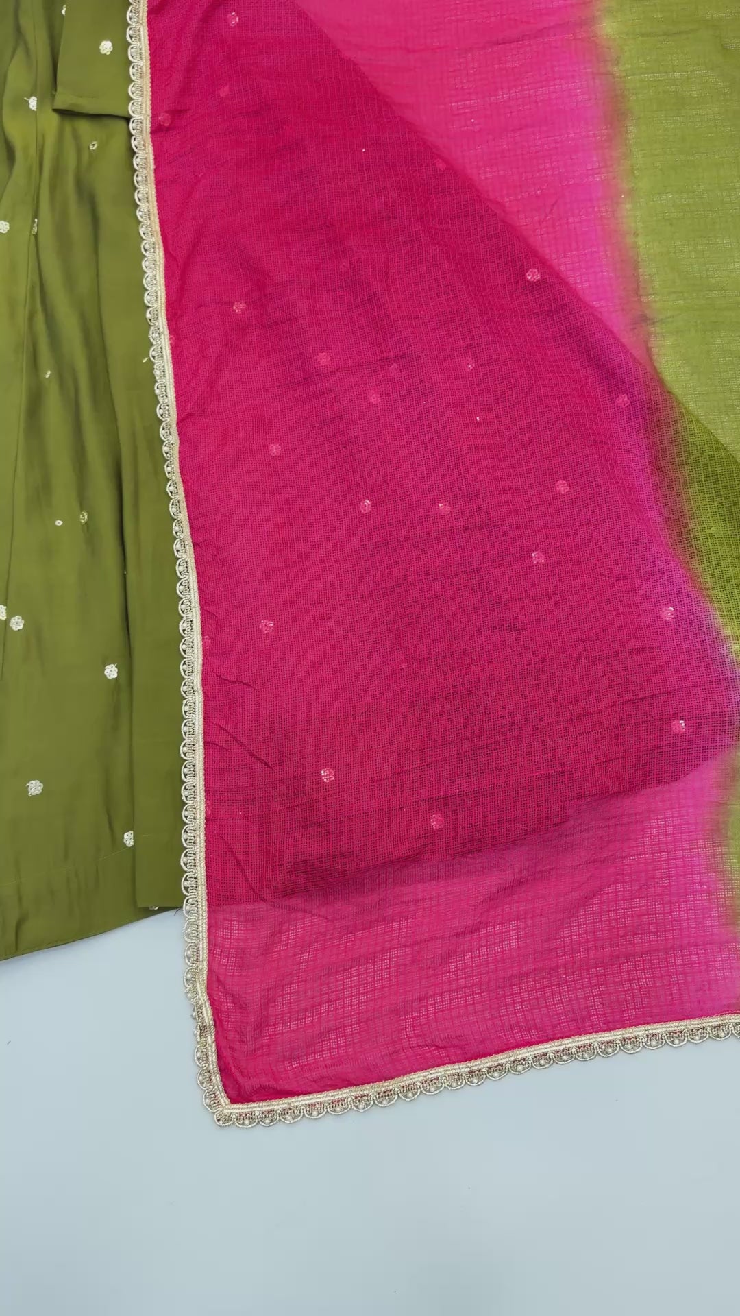 Olive Green Roman Silk mirror work Anarkali suit