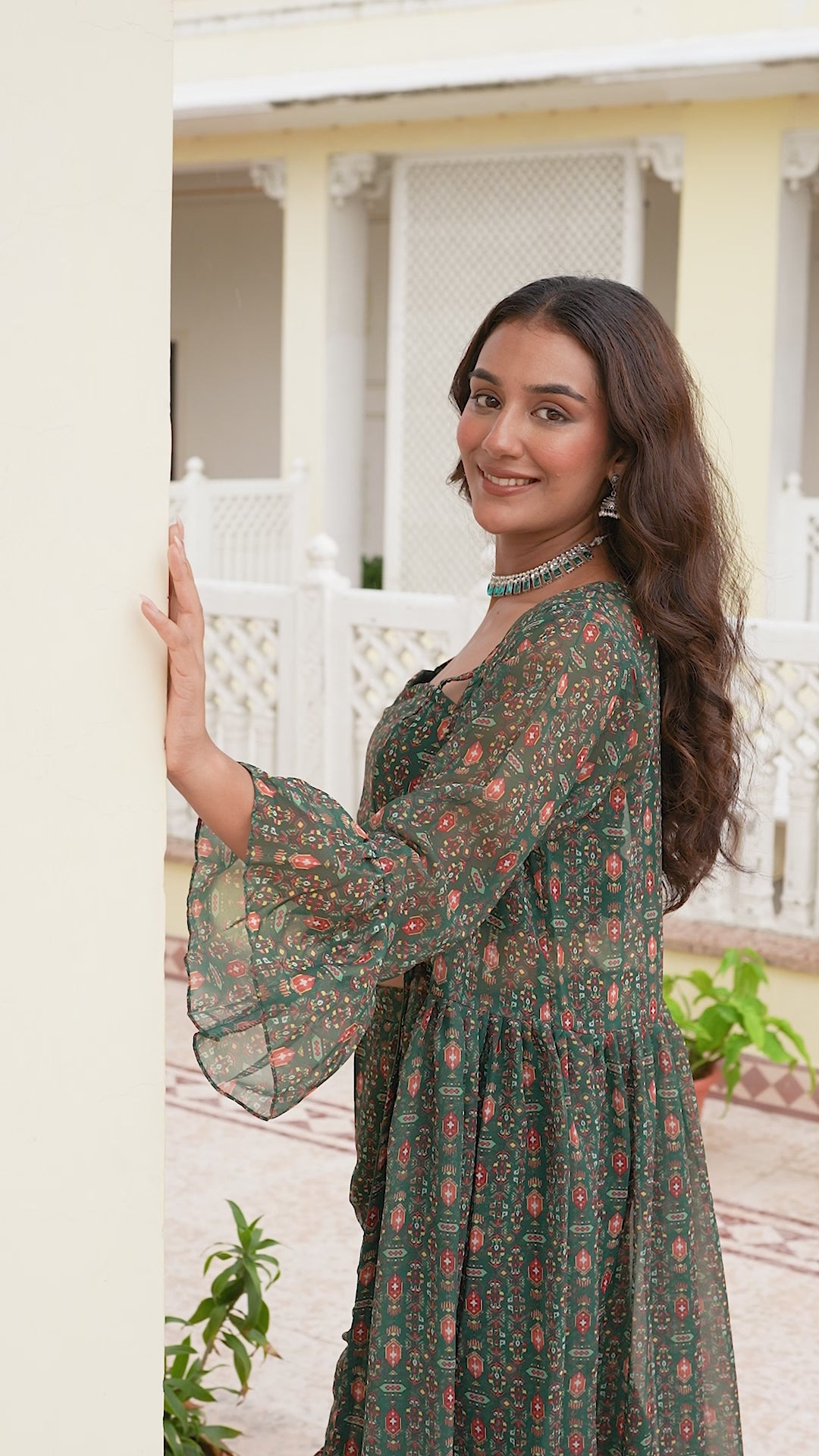 Green Georgette Printed Sharara Set with Jacket